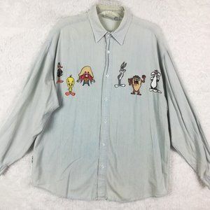 Vintage Acme Clothing Co Looney Tunes Mens Shirt Button Up Embroidered Blue L XL